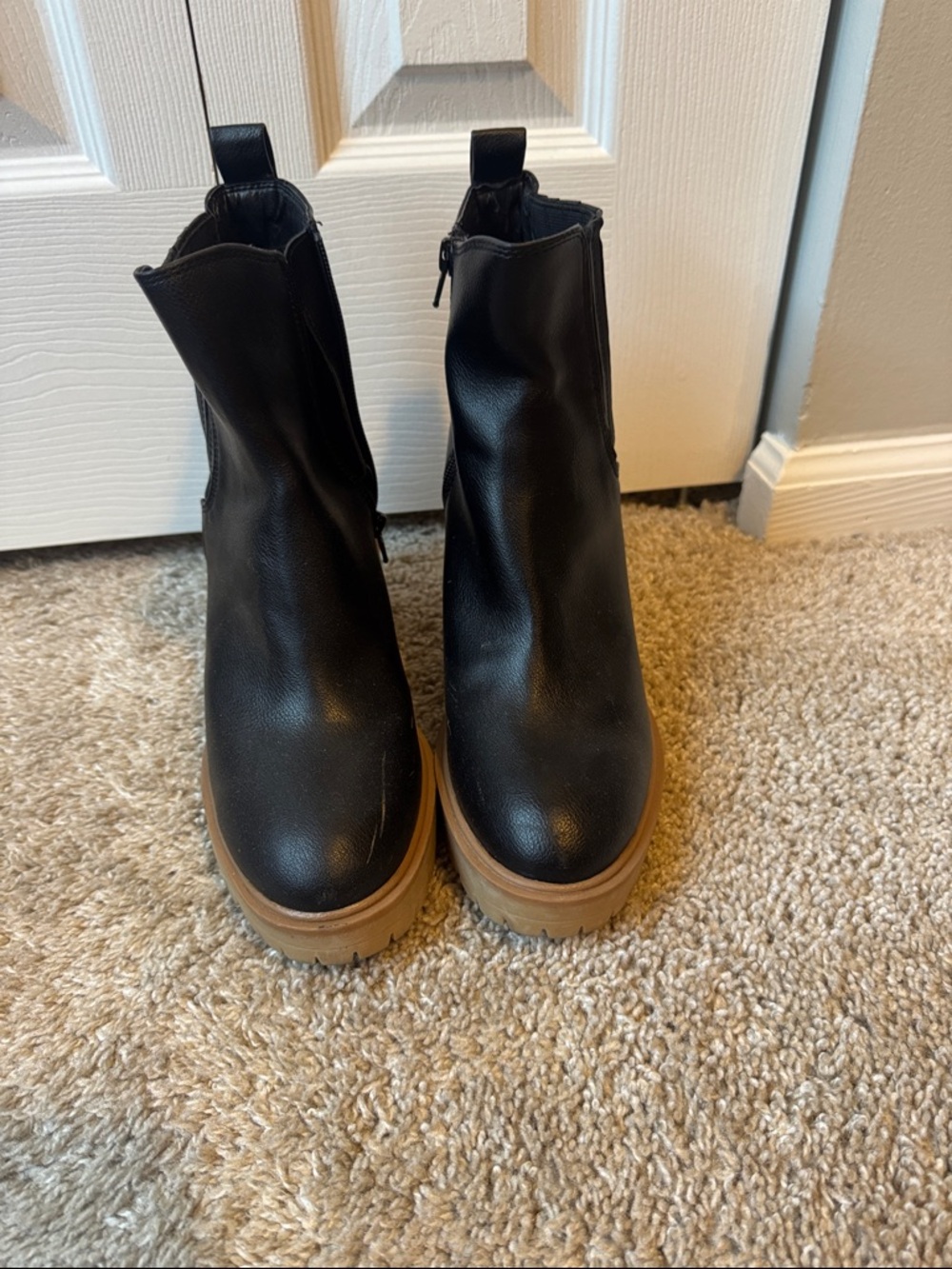 Black Platform Chelsea Boots with Tan Lug Sole - Women